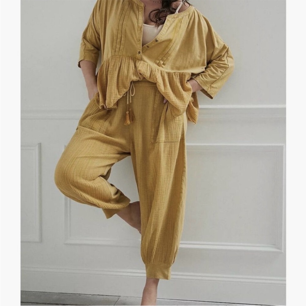 Anthropologie Beverly Mustard Yellow Cotton Gauze Pajama Swing Top New XS Lounge - Picture 7 of 10